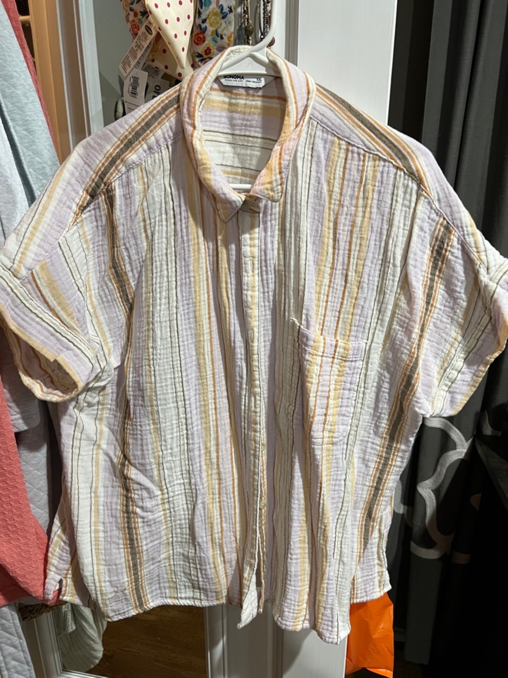 Sonoma Striped Short-Sleeve Button-Down Shirt in White, Yellow & Tan